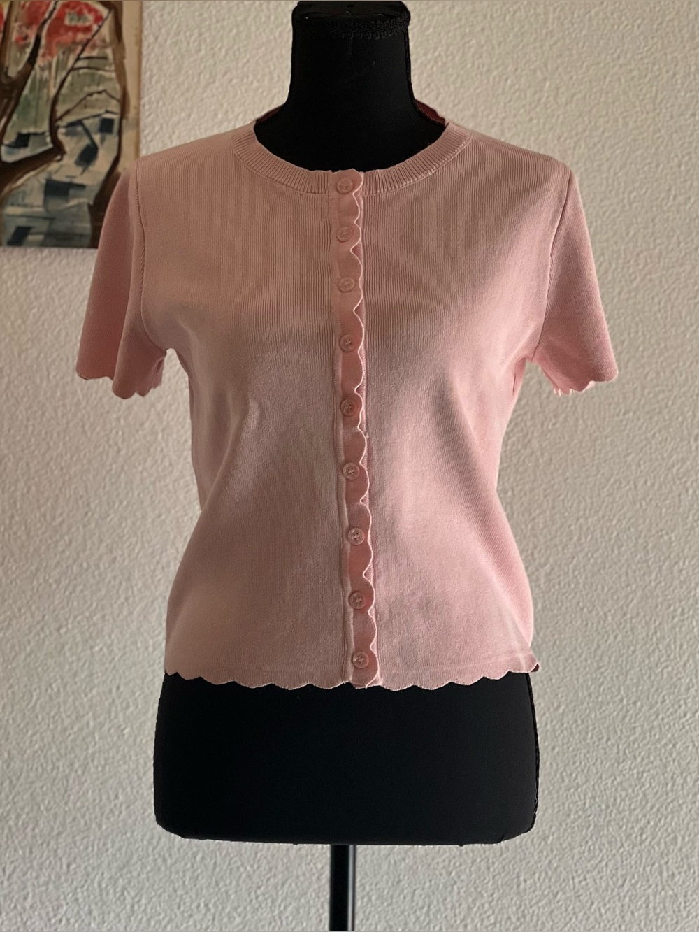Pink Scalloped Short Sleeve Cardigan Sweater Top | Feminine Coquette Knit Top, M